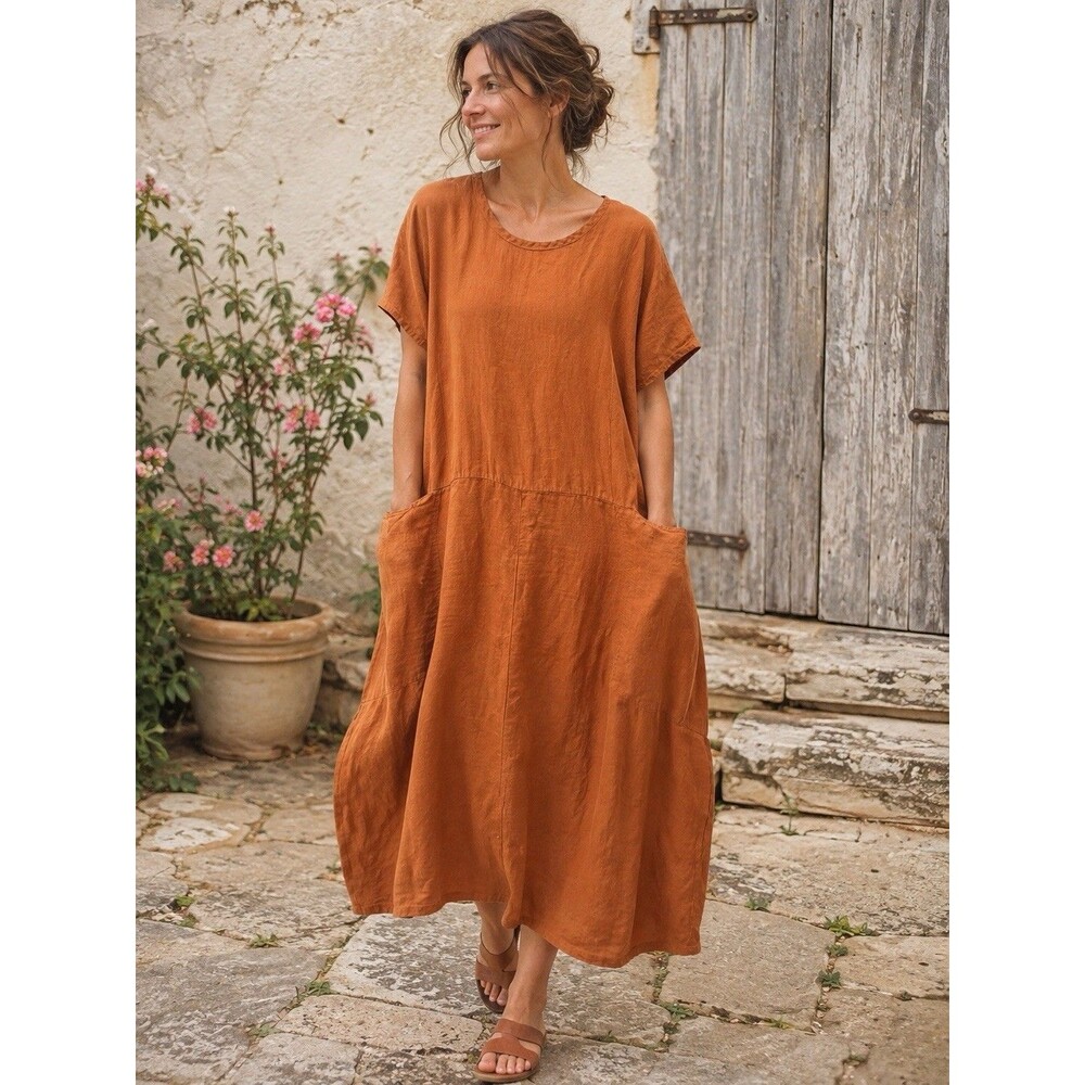 Flax linen midi dress long sleeve oversized Lagenlook coastal pockets Medium
